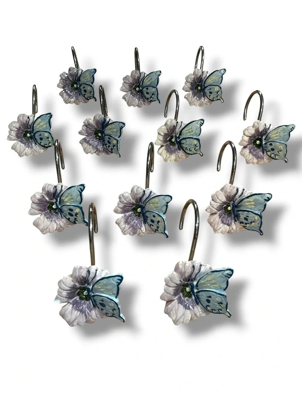 Vintage Butterfly Flower Shower Hooks - Pale Blue & Light Lavender (Set of 12)